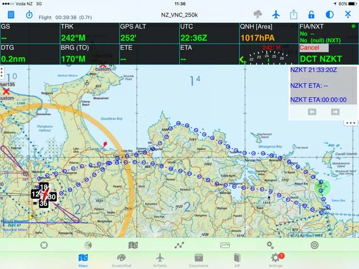 De map van Ozrunways met het gevlogen traject