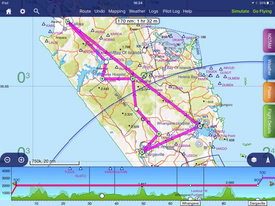 Indruk van gevlogen route. De vallei route had echter heel wat meer bochten dan hier op de map aangegeven.