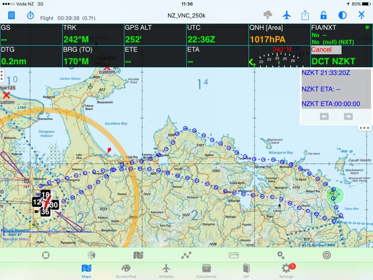 De map van Ozrunways met het gevlogen traject