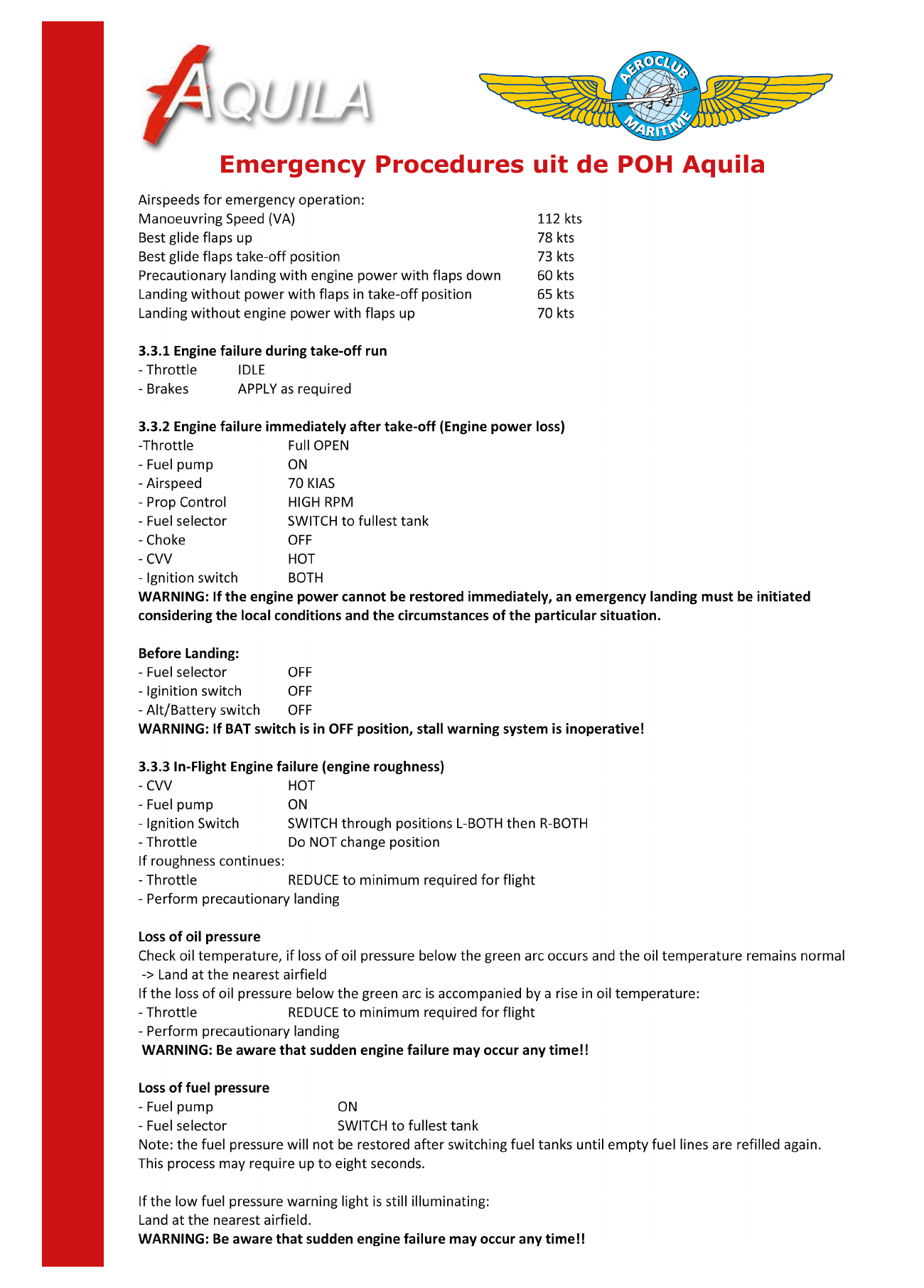 Voorpagina van Aquila Emergency Procedures voor PH-DHA