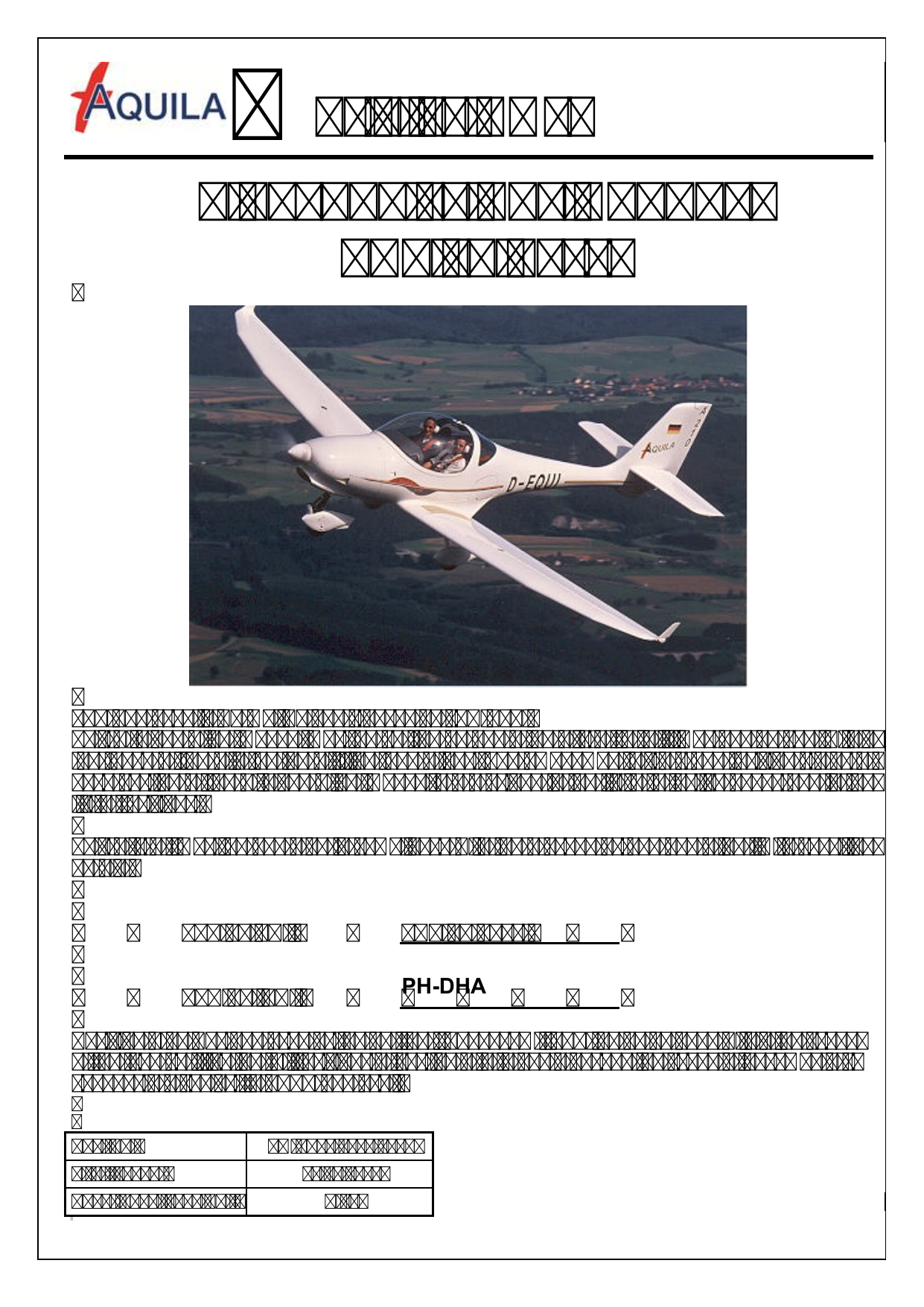 Voorpagina van AIRPLANE FLIGHT MANUAL AQUILA AT01 PH-DHA (FM AT01 1010 100E B04) voor PH-DHA