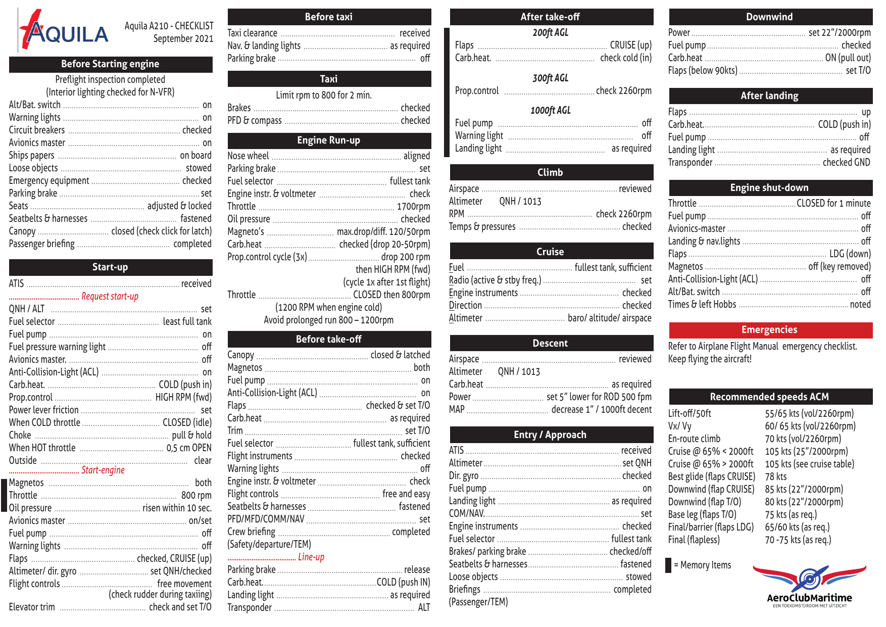 Voorpagina van AquilaA210 Checklist 202109 voor PH-DHB