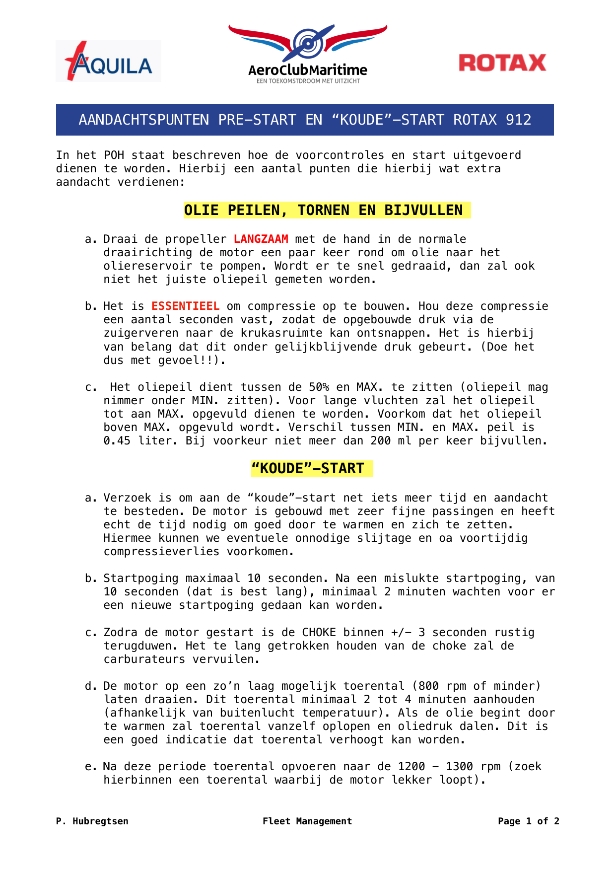 Voorpagina van Pre-Start Procedures Rotax voor PH-DHB